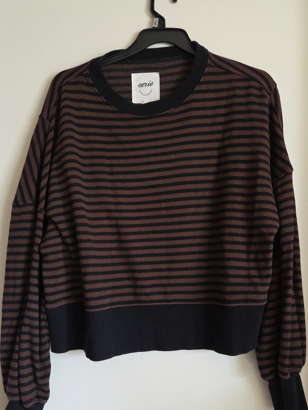 Aerie Black and Brown Striped Boxy Slightly Cropped Pullover Sweatshirt